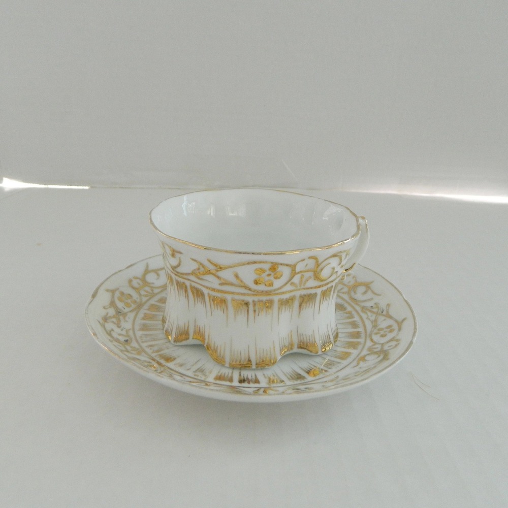 Antique Victorian Gold Gilded White Porcelain Cup and Saucer Floral Filigree